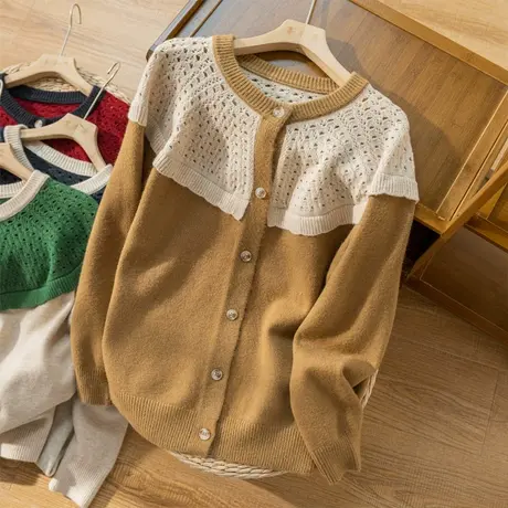 针织衫开衫拼接小众设计高级感文艺复古春秋毛衣外套宽松2022新款商品大图