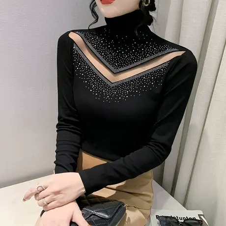 高领打底衫女秋冬2023新款性感镂空T恤网纱拼接长袖气质烫钻上衣商品大图