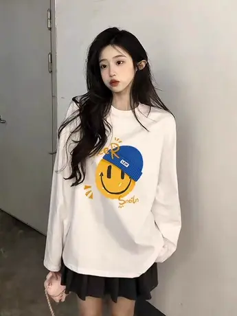 2023新款秋冬白色打底衫内搭女圆领纯棉宽松休闲大码长袖T恤上衣商品大图