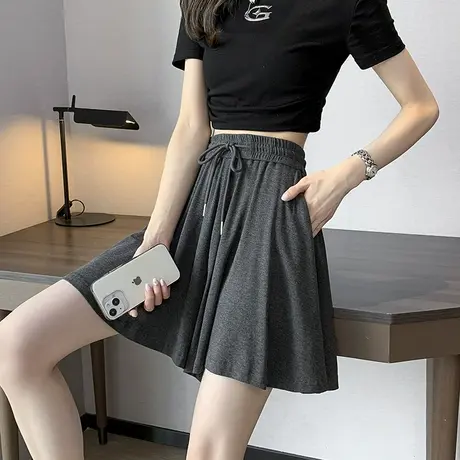 抽绳高腰阔腿短裤女夏季薄款显瘦宽松垂感松紧腰a字休闲运动裙裤商品大图