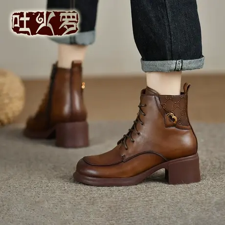 吐火罗2022秋冬新款马丁靴英伦风圆头粗跟短靴百搭时尚系带单靴商品大图