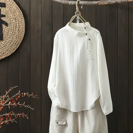 枫谜2022年春装新款文艺简约双层纱长袖衬衫女宽松斜肩扣套头衬衣图片