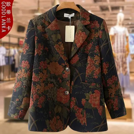 加大码中老年春装西服宽松洋气妈妈装薄款印花仿真丝休闲西装外套商品大图