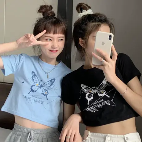 网红港风短袖t恤女2020夏季设计感小众ins超火短款高腰露脐上衣潮商品大图
