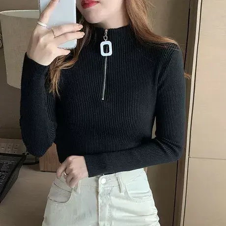 半高领打底衫秋冬新款纯色长袖t恤女韩版修身性感显瘦半开领上衣商品大图