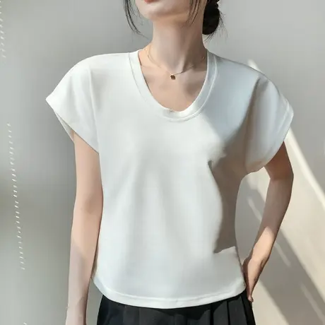 小飞袖T恤女2023夏季新款韩版宽松休闲半袖简约纯色u领bf短袖上衣图片