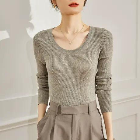 低圆领针织打底衫女秋冬装U领羊毛套头保暖内搭上衣修身螺纹毛衣商品大图