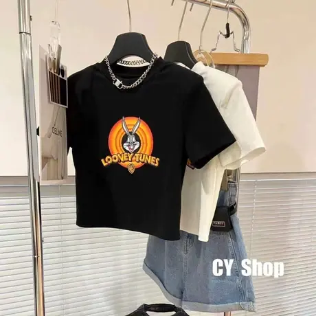 韩国东大门新款修身卡通印花垫肩短袖漏脐短款T恤上衣女百搭潮图片