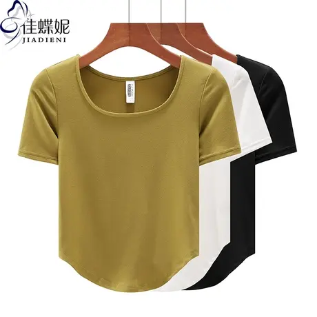 夏季新款韩版圆领纯棉修身纯欲短款下摆圆弧短袖体恤上衣女打底衫图片