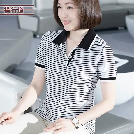 短袖t恤女2023年新款夏季条纹翻领上衣夏装衬衫领妈妈半袖打底衫商品大图