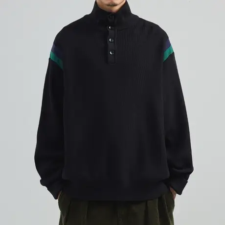 奕飏韩版拼色高领毛衣国潮牌宽松秋冬季情侣针织衫纽扣开衫外套男图片