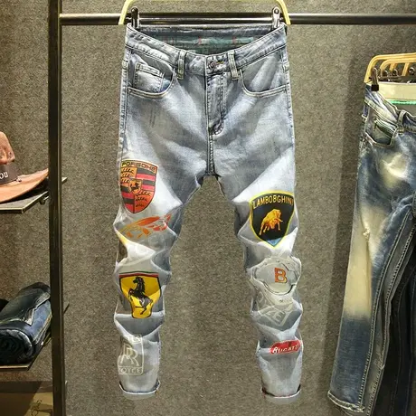 夏季浅色牛仔裤男潮牌印花修身小脚裤2023新款韩版时尚高街长裤子商品大图