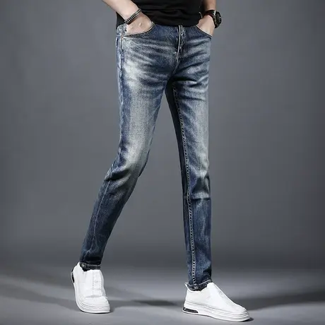 高端蓝色牛仔裤男春季新款潮牌修身小脚2023新款男士弹力薄款裤子商品大图