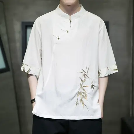 新中式男装冰丝短袖T恤竹叶刺绣古装唐装汉服男款五分袖立领禅服图片