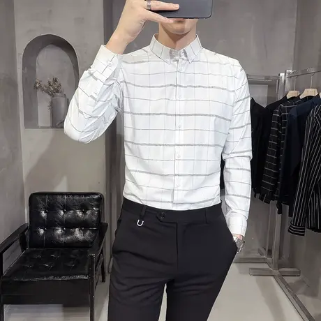 免烫商务格子衬衫高级感男士秋季个性潮流长袖休闲修身正装衬衣男商品大图