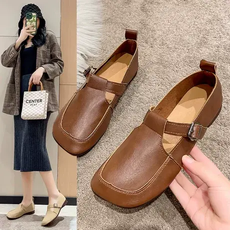 2023年新款春夏季方头浅口舒适单鞋女粗跟一字扣女鞋百搭休闲平底商品大图