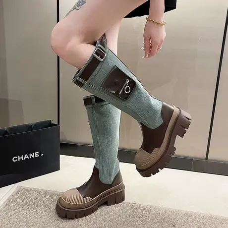 牛仔蓝长靴女2023秋季爆款复古粗跟显腿长瘦瘦靴英伦风高筒西部靴图片