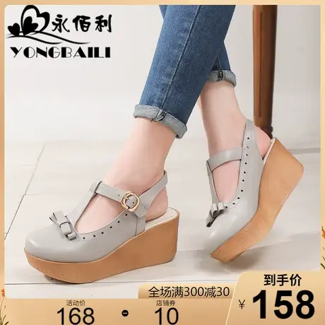 2023夏罗马坡跟T字带凉鞋女士真皮包头厚底复古镂空百搭女鞋皮鞋商品大图