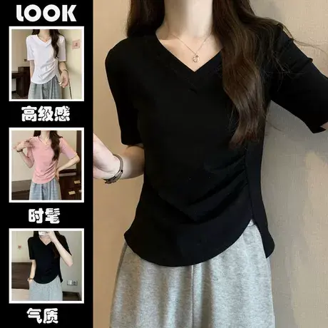 不规则短袖T恤女装夏季新款大码胖mm韩版宽松小众纯欲风上衣200斤商品大图