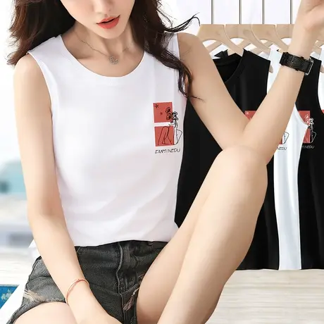 夏季女士吊带小背心内搭打底衫新款印花无袖t恤纯棉直筒外穿上衣图片