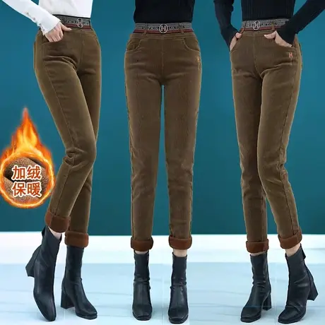 灯芯绒裤子女秋冬新款加绒加厚小脚裤直筒咖色条绒高腰显瘦休闲裤商品大图