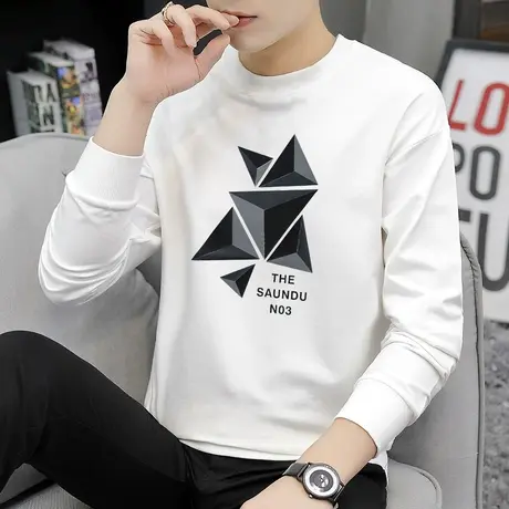 长袖t恤男士冬季卫衣宽松圆领套头白色秋冬无帽潮流韩版男生外套商品大图