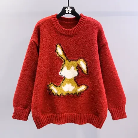 兔年红色毛衣女秋冬2023新款宽松慵懒风加厚设计感软糯针织衫上衣图片