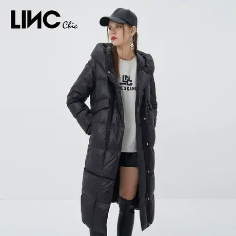 LINC金羽杰羽绒服女2023冬新款拼接连帽反季断码女款中长款羽绒服商品大图