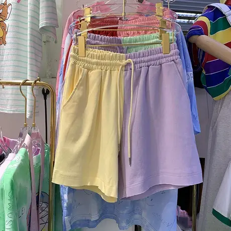 2021夏季新款撞色宽松直筒阔腿裤子女运动休闲设计感五分短裤薄款商品大图