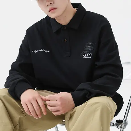 男士黑色纯棉polo衫男高级感秋季上衣2023年新款美式慵懒chic卫衣商品大图