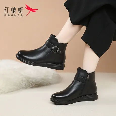 红蜻蜓女靴冬季平底妈妈短靴棉靴加绒保暖加厚靴子女真皮东北皮靴商品大图
