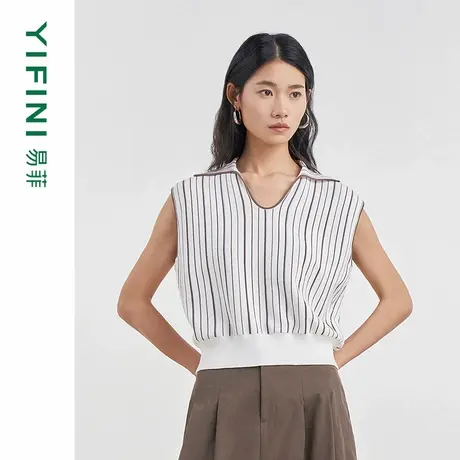 [专柜同款]Yifini/易菲时尚U领宽松条纹短款针织毛衫女夏D04M1014商品大图