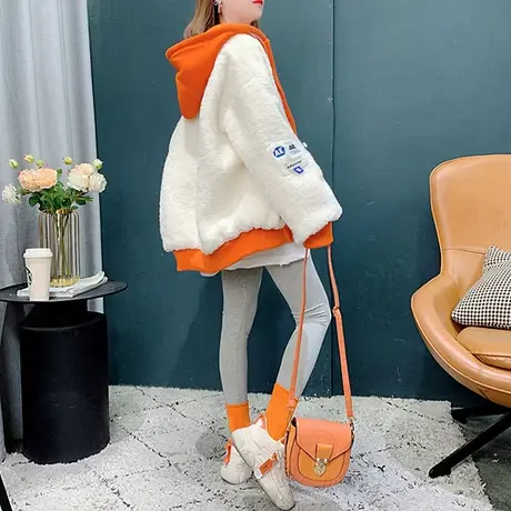 冬季羊羔毛外套女2022新款设计感小众连帽卫衣拼接加厚棉衣潮ins商品大图