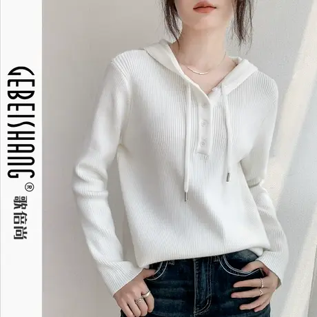 韩版连帽针织衫女2025早秋新款纯色宽松卫衣设计感抽绳长袖毛衣商品大图