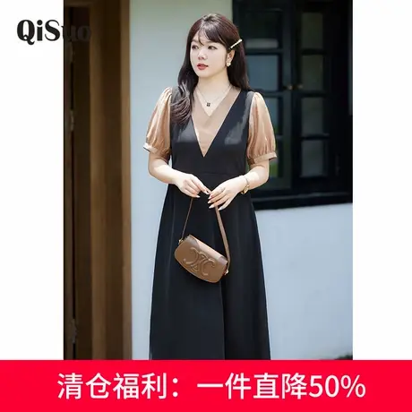 显瘦大码胖MM连衣裙2024年夏装新款拼接假两件收腰遮肚子A字长裙图片