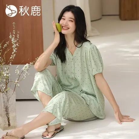 秋鹿V领显瘦丝绸睡衣女夏季薄款冰丝短袖九分裤家居服套装可外穿商品大图