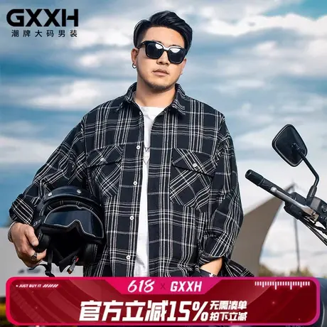GxxH潮牌加肥加大码男装胖子衬衫特大号宽松格子男士长袖衬衣外套图片