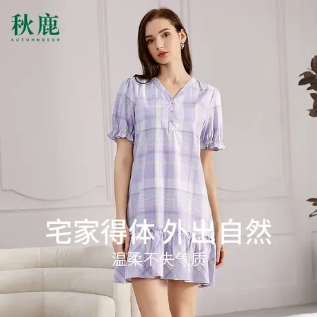 秋鹿梭织棉睡裙女夏季短袖简约格子中裙休闲家居夏款青年连衣裙女商品大图