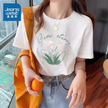 KMV真维斯白色短袖T恤女士夏季2025新款纯棉宽松大码半袖上衣服潮商品大图