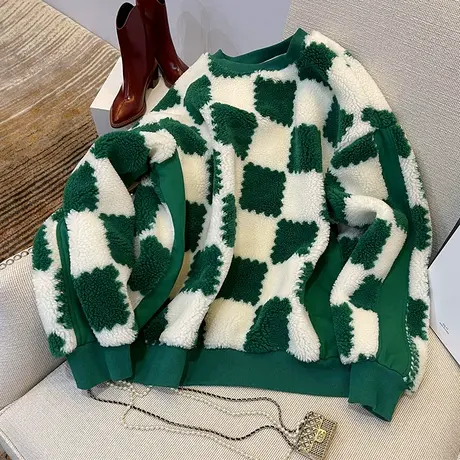 高级感冬装小个子卫衣女oversize绿色格子ins潮加绒加厚外套上衣图片