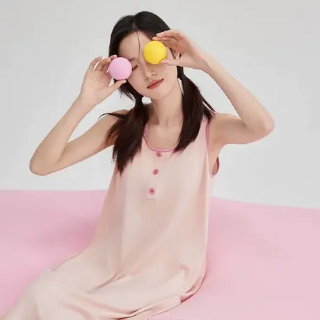 顶瓜瓜睡裙女款夏季纯棉无袖睡衣薄款宽松休闲家居服可外穿顶呱呱商品大图