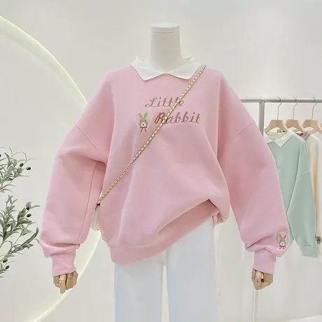 polo领套头卫衣女款百搭2023年春秋学院减龄兔子刺绣宽松休闲上衣商品大图