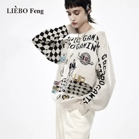 裂帛LIEBOFeng设计师品牌chic复古宽松慵懒风格纹卡其色毛衣图片