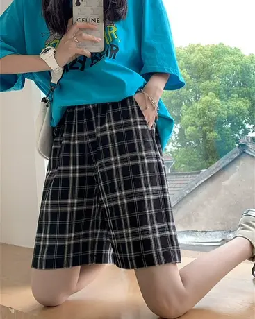 黑白格子短裤女夏季薄款高腰宽松阔腿休闲小个子冰丝五分运动中裤商品大图