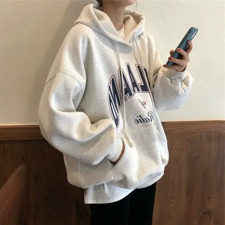 vintage卫衣女潮ins春秋冬季薄款宽松韩版学生百搭连帽衫上衣外套商品大图