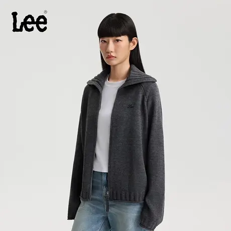 Lee商场同款25秋冬新舒适版立领小刺绣Logo拉链铁灰色女毛衣开衫商品大图