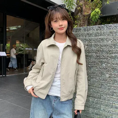 尔给初秋短款翻领外套女小个子时尚休闲百搭韩版ins长袖拉链上衣图片