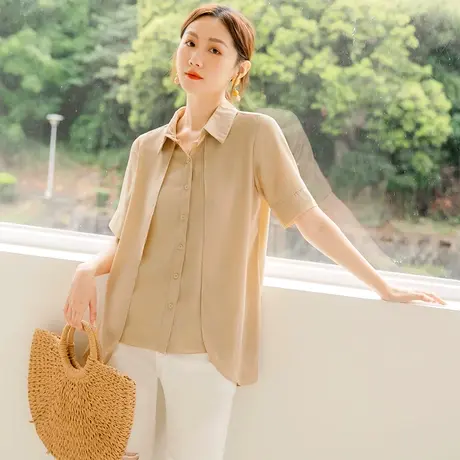 桔熊夏季假两件套上衣女通勤五分袖纯色拼接雪纺衬衫大码AB12740图片