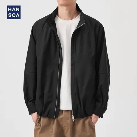 hansca秋季户外防风夹克男2025新款高端潮牌宽松立领黑色休闲外套商品大图