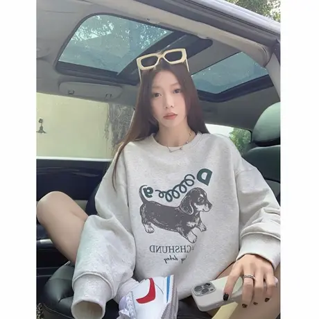 美式可爱狗狗印花套头卫衣女早秋薄款oversize慵懒风宽松休闲上衣商品大图